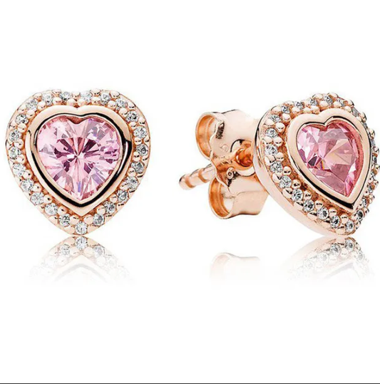 Pendientes corazón en oro rosa con piedra rosa